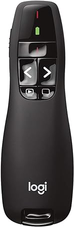 Logitech R400 Wireless Presentation Remote, 2.4 GHz, USB-Receiver, Red Laser Pointer, 15-Meter Operating Range, 6 Buttons, Intuitive Slideshow Control, Battery Indicator, PC - Black