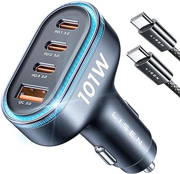 Lisen 101W USB C Car Charger 4 Port Super Fast Charging Car Charger Adapter PD3.0 & QC3.0 Cigarette Lighter Car USB Charger Multi Port with Cable,Compatible with iPhone 15 Pro Max 14 Samsung S25 iPad