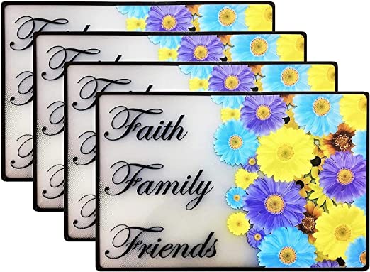 Pack of 4 Frosted Clear Placemat Set, Kitchen Diner Decoration Non-Slip Ease Clean (Faith Family Friends)