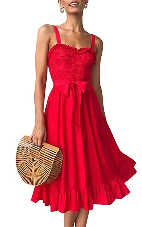 Angashion Women's Dresses - Summer Boho Floral Spaghetti Strap Button Down Belt Swing A line Midi Dress with Pockets