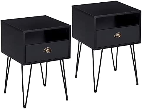 VECELO Set of 2 Nightstand, Industrial End Side Table with Drawer and Shelf, Night Stand for Bedroom, Living Room and Small Space, Stable Metal Frame, Black, 2 Pack