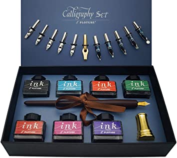 Calligraphy Pen Set, 22 pieces. Includes 7 Bottle Inks, 12 Nibs, Wood Pen, Golden Pen Holder and Introduction Booklet