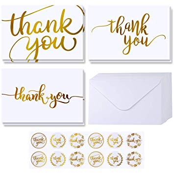 Supla 102 Sets Gold Foil Thank You Cards Bulk with Envelopes Stickers Thank You Notes 3 Designs Blank Thank You Note Cards Greeting Cards 4" x 6" for Weddings Baby Shower Bridal Shower