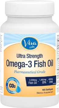 Viva Labs Omega 3 Fish Oil Supplement - The HIGHEST Concentration Omega 3 Capsules 2200mg Fish Oilserving 180 Softgels