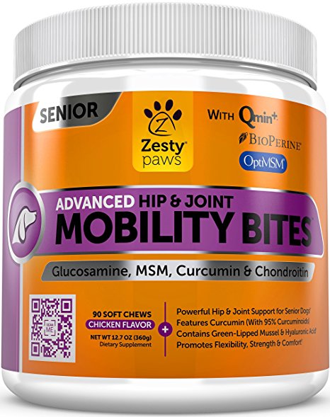 Zesty Paws Senior Advanced Hip & Joint Chewables for Dogs - Glucosamine HCL, Chondroitin Sulfate, Curcumin & OptiMSM Supplement - Mobility Treats for Pets with New Zealand Green Lipped Mussel