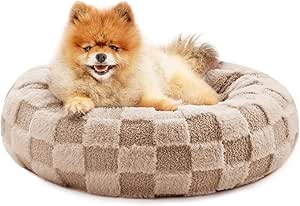 Love's cabin Round Donut Cat and Dog Cushion Bed, 20in Pet Bed For Cats or Small Dogs, Anti-Slip & Water-Resistant Bottom, Super Soft Durable Fabric Pet beds, Washable Luxury Cat & Dog Bed Brown Plaid