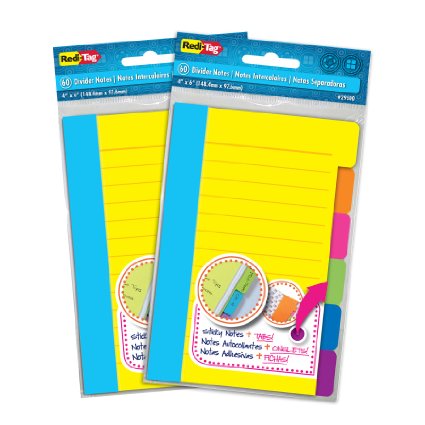 Redi-Tag Divider Sticky Notes, 60 Ruled Notes per Pack, 4 x 6 Inches, Assorted Neon Colors, 2 Pack (10290)