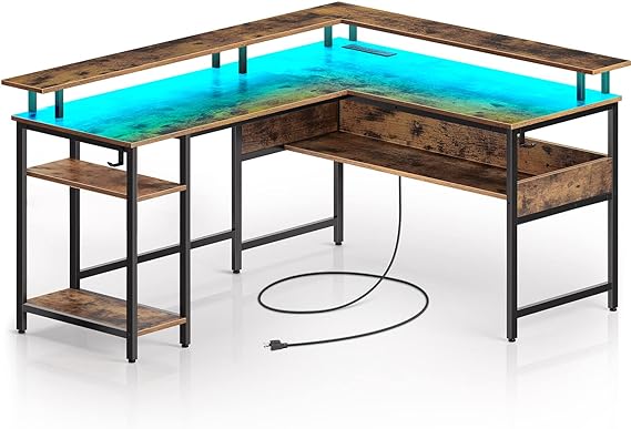 Rolanstar Computer Desk L Shaped 59.4" with LED Lights & Power Outlets, Reversible L Shaped Gaming Desk with Monitor Stand, Office Desk with Storage, Writing Desk with USB Port & Hook, Rustic Brown