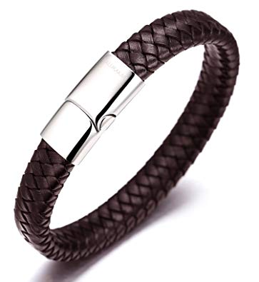 Halukakah "SOLO" Men's Genuine Leather Bracelet Classic Style Titanium Clasp with Magnets 8.46"(21.5cm) with FREE Giftbox(Brown)