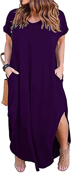 Nemidor Women's Casual Loose Pocket Long Dress Short Sleeve Plus Size Slit Maxi Dress