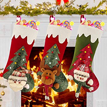 Dreampark Christmas Stockings, 3 Pcs Big Xmas Stockings 3D Plush Santa Snowman Reindeer for Christmas Decorations Home Party Supplies and Kids Gifts (Style 5)