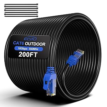 200FT Cat6 Outdoor Ethernet Cable, In-Ground, Heavy Duty Direct Burial, 24AWG CCA Patch Cord, POE, UTP, Waterproof, LLDPE UV Resistant, Network, Internet, LAN, Cat 6 Cable 200 Feet with 25 Cable Ties