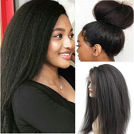 Glueless 360 Lace Frontal Wigs Kinky Straight Human Hair Wig with Baby Hair Pre Plucked Italian Yaki Lace Front Wigs For Women 150% Density Peruvian Remy Hair Natural Hairline (10inch, 360 KS WIG)