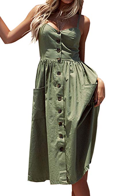 Angashion Women's Dresses-Summer Floral Bohemian Spaghetti Strap Button Down Swing Midi Dress with Pockets