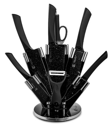 Imperial Collection Stainless Steel Kitchen Knife 9 Piece Set in Granite Coating, and Acrylic Stand, Black
