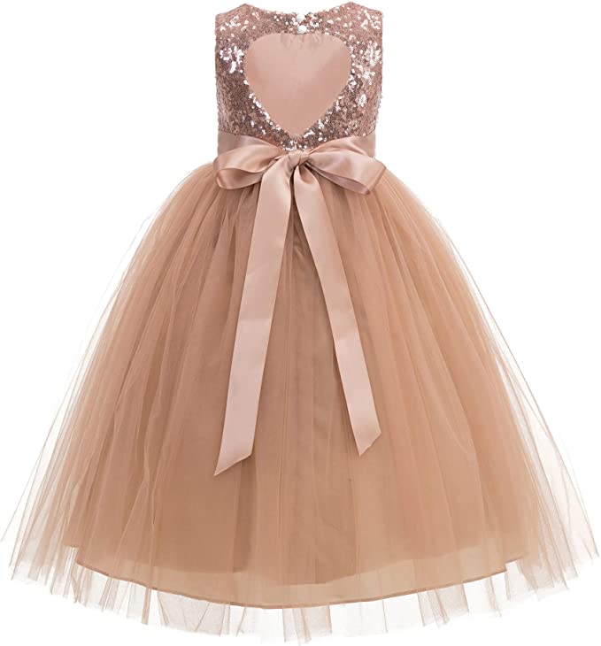 ekidsbridal Heart Cutout Sequin Junior Flower Girl Dress Open Back Dress Christening Dresses