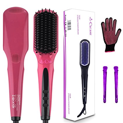CXCASE Hair Straightener Brush MCH Ceramic Fast Heating with Heat Resistant Glove, Temperature Lock Function, Adjustable Temperature, Anti-Scald Ionic Hair Brush - Fuscia Pink