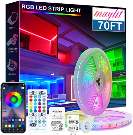 maylit 70FT LED Lights Strip for Bedroom, Bluetooth App Control Music Sync LED Light Strips, Built-in Mic, 5050 RGB Color Changing LED Lights, DIY Keys Remote, Halloween, Christmas Home Decoration
