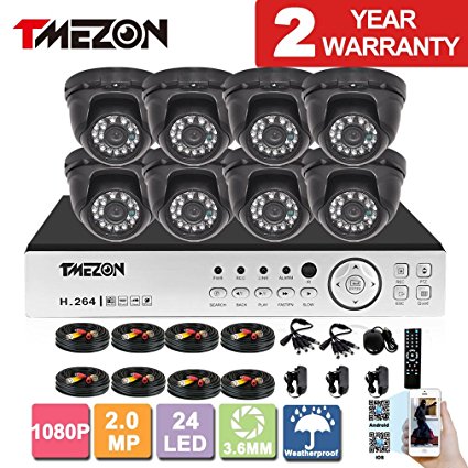 TMEZON 8 Channel AHD Surveillance System 2.0MP 1080P HD Megapixel Security Camera HD-AHD DVR Kit and 8 x 2.0MP 1080P Infrared Cameras System NO HDD