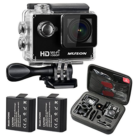 MUSON Action Camera, HD 1080P Sports DV WiFi Digital Video Camcorder 30M Waterproof Underwater Action Camcorder 2 inch LCD Screen 170 Degree Wide Angle Lens Helmet Cam
