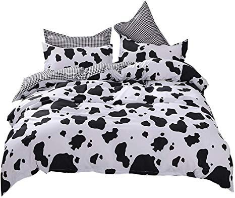 Nattey Duvet Cover Sets Cartoon Bedding Sets Reversible Bedding Collections Soft for Kids Boys Girls (Queen, Cow)