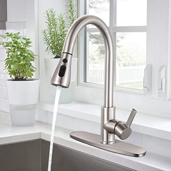 TACKLIFE Kitchen Faucet Stainless Steel Kitchen Taps with Pull Out Sprayer Single Handle High Arc 360 Swivel Lead-free Brushed Nickel Kitchen Sink Faucet Solid Brass Body Commercial Faucets Hot & Cold Mixer with Deck Plate | TKFS01