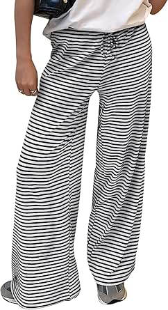 Trendy Queen Womens Striped Ribbed Wide Leg Pants Casual Drawstring Elastic Waist Baggy Sweatpants with Pockets