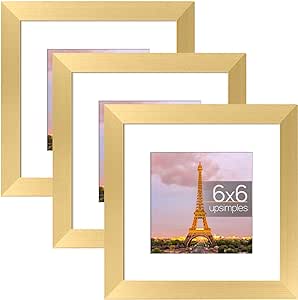 upsimples 6x6 Picture Frame Set of 3, Made of High Definition Glass for 4x4 with Mat or 6x6 Without Mat, Wall and Tabletop Display Photo Frames, Gold