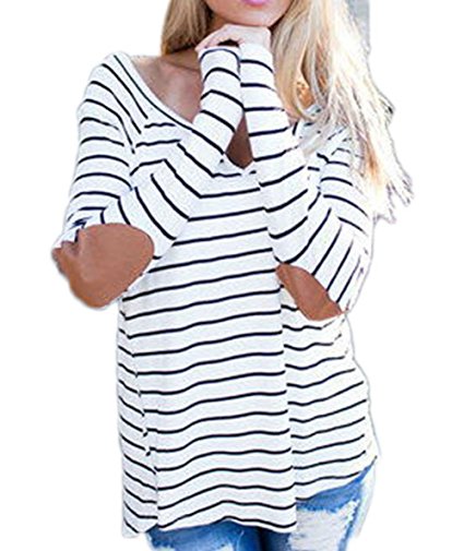 Women Sexy V Neck Loose Casual Stripes Long Sleeves Blouse Tee Shirt Top