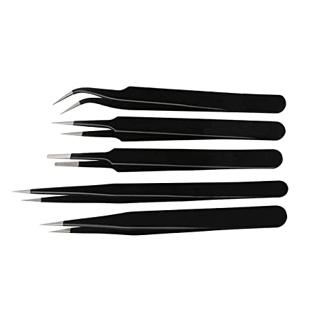 Catchex ESD Safe Anti-Static Tweezers for Mobile, Electronics Repair - Set of 5, Black
