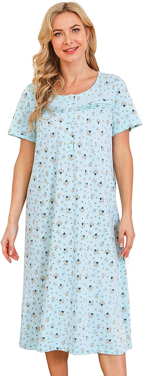 Nightgowns for Women Soft Cotton Sleepwear Floral House Dress Short/Long Sleeve Comfy Night Dress for Ladies