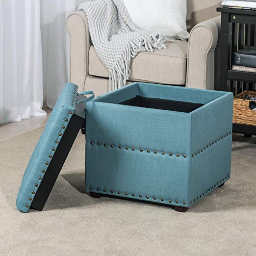 Edeco Storage Ottoman Bench with Tray, Square Foot Stool with Nailhead Trim, Blue