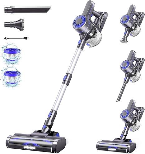 EICOBOT Cordless Vacuum Cleaner, 23Kpa Powerful Suction Vacuum, 6 in 1 Lightweight Cordless Stick Vacuum with 35 Min Runtime Detachable Battery, Cordless Vacuum for Hardwood Floor Pet Hair,GreyAzure