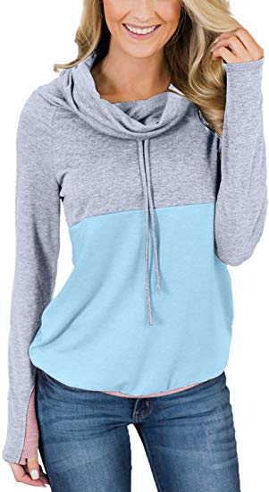 Cutiefox Women's Pullover Cowl Neck Sweatshirt Color Block Long Sleeve Top