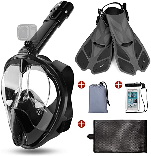 Odoland 5-in-1 Snorkeling Packages, Full Face Snorkel Mask with Adjustable Swim Fins and Lightweight Backpack and Waterproof Case -