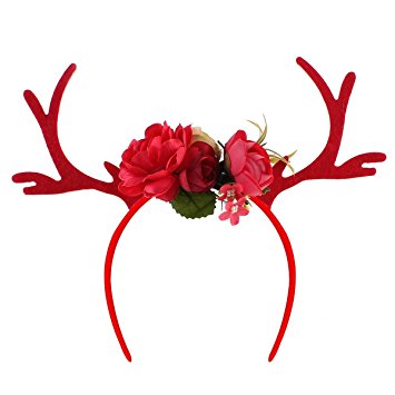 Christmas Deer Antlers Ears Flower Headband, Kicpot Xmas Reindeer Antler Hair Hoop Christmas Birthday Gift for Women Girls Red (Red)