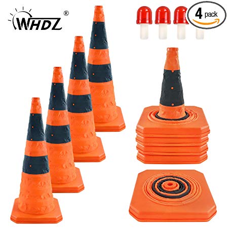 WHDZ 28 inch Collapsible Traffic Cones with LED Light Multi Purpose Pop up Reflective Safety Cones 4 Pack Orange