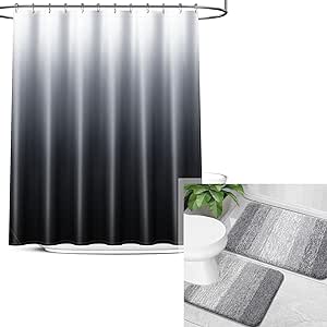 OLANLY Ombre Bathroom Rugs Sets 2 Piece and Shower Curtain, Bathroom Rug Set Size 24x16 24x20 in Grey and Shower Curtain 72x72 in Black, 3 Item Bundle