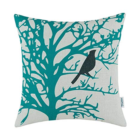 CaliTime Canvas Throw Pillow Cover Case for Couch Sofa Home, Cute Bird Tree Branches Silhouette, 18 X 18 Inches, Teal Black