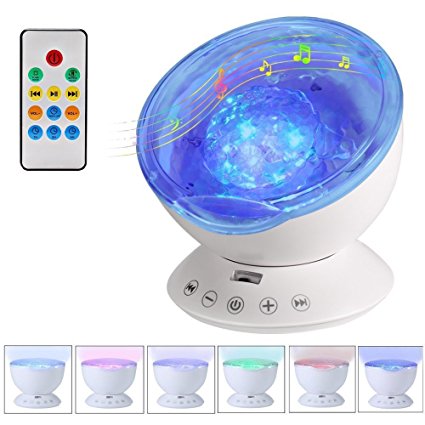 KBAYBO Remote Control Ocean Wave Projector 12 LED &7 Colors Night Light with Built-in Mini Music Player for Living Room and Bedroom (White)