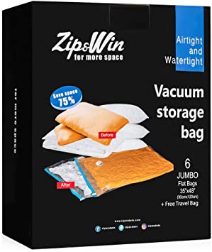 Zip&Win Vacuum Storage Bags 35''x48'' Jumbo Size, Pack of 6 Pieces Space Saver Bags for Seasonal Clothes, Duvets, Pillows, Blankets ( Free Travel Bag)