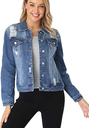 Dilgul Women's Denim Jackets Ripped Distressed Casual Long Sleeve Basic Button Down Jean Jacket with Pockets