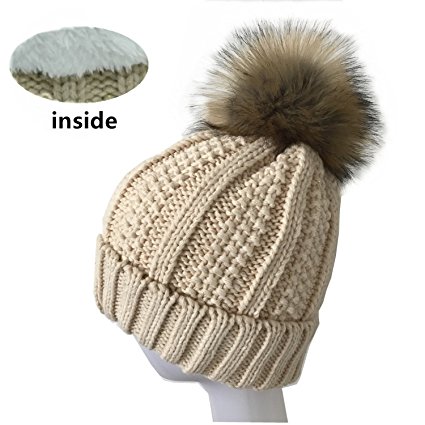 Womens Winter Ultral-Thick Knitted Warm Cap With LFleece Lined Large PomPom Beanie Hats