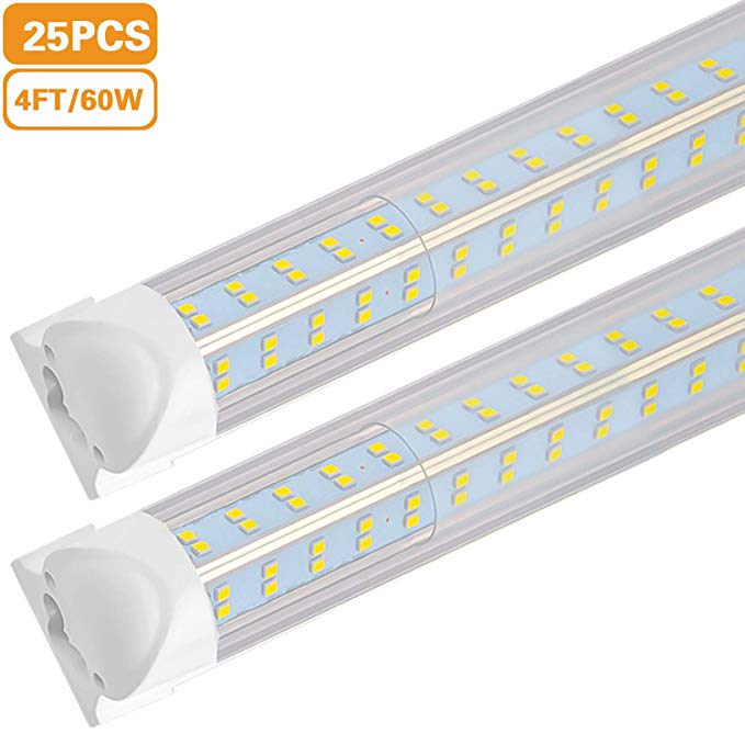 LED Shop Light, 4FT 60W 4Rows 6500LM, 6000K Cool White, V Shape, Clear Cover, Hight Output, Linkable Shop Lights, T8 LED Tube Lights, LED Shop Lights for Garage 4 Foot with Plug (Pack of 25))