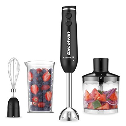 Excelvan 500W 3-in-1 Power Hand Blender with 500ml Chopper, 600ml Beaker and Whisk Attachments, Stainless Steel, Black