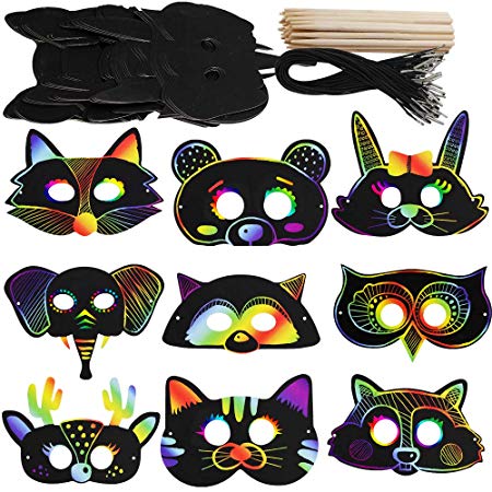 Supla 27 Set Magic Scratch Art Rainbow Scratch Paper Animal Masks Owl Rabbit Tiger Wolf Bear Squirrel Fox Bear Elephant Cutouts Face Masks with Holes with Elastic Cords Scratching Tool for Kids Jungle Forest Animal Birthday Party