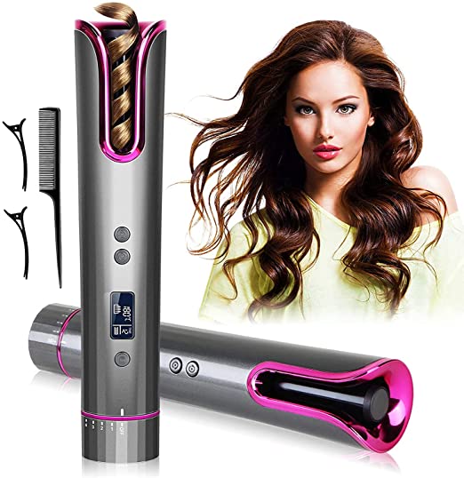Cordless Auto Hair Curler, Automatic Curling Iron with LCD Display Adjustable Temperature & Timer,Portable USB Rechargeable Curling Wand Fast Heating for Curls Waves…