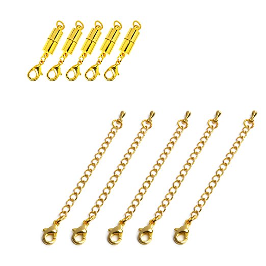 Bluecell 5pcs Gold Color Magnetic Lobster Clasp and 5pcs Gold Color Chain Extender for Jewelry Bracelet Necklace (Gold)