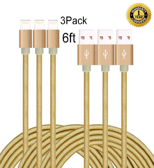 IFaxnn 3PCS 6FT Lightning Cable Premium Popular Nylon Braided Extra Long USB Cord Charging Cable for iphone 6s, 6s plus, 6plus,6,se,5s 5c 5,iPad Mini, Air,iPad5,iPod (gold).