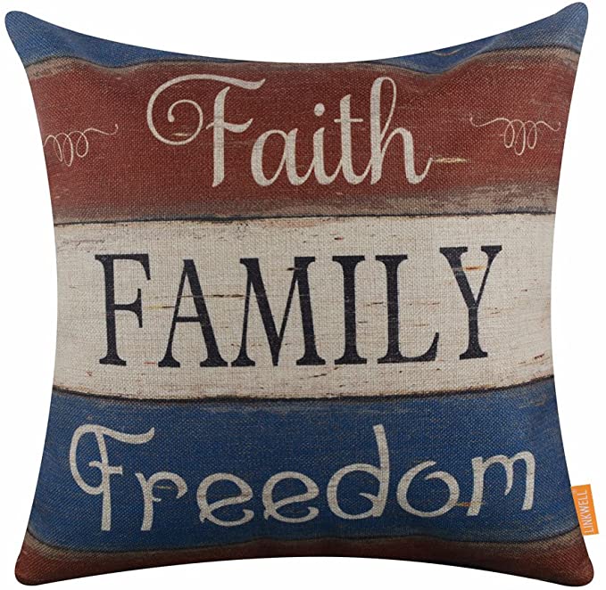 LINKWELL 18"x18" Independence Day Holiday Faith Family Freedom Burlap Pillow Cover Cushion Cover CC1410
